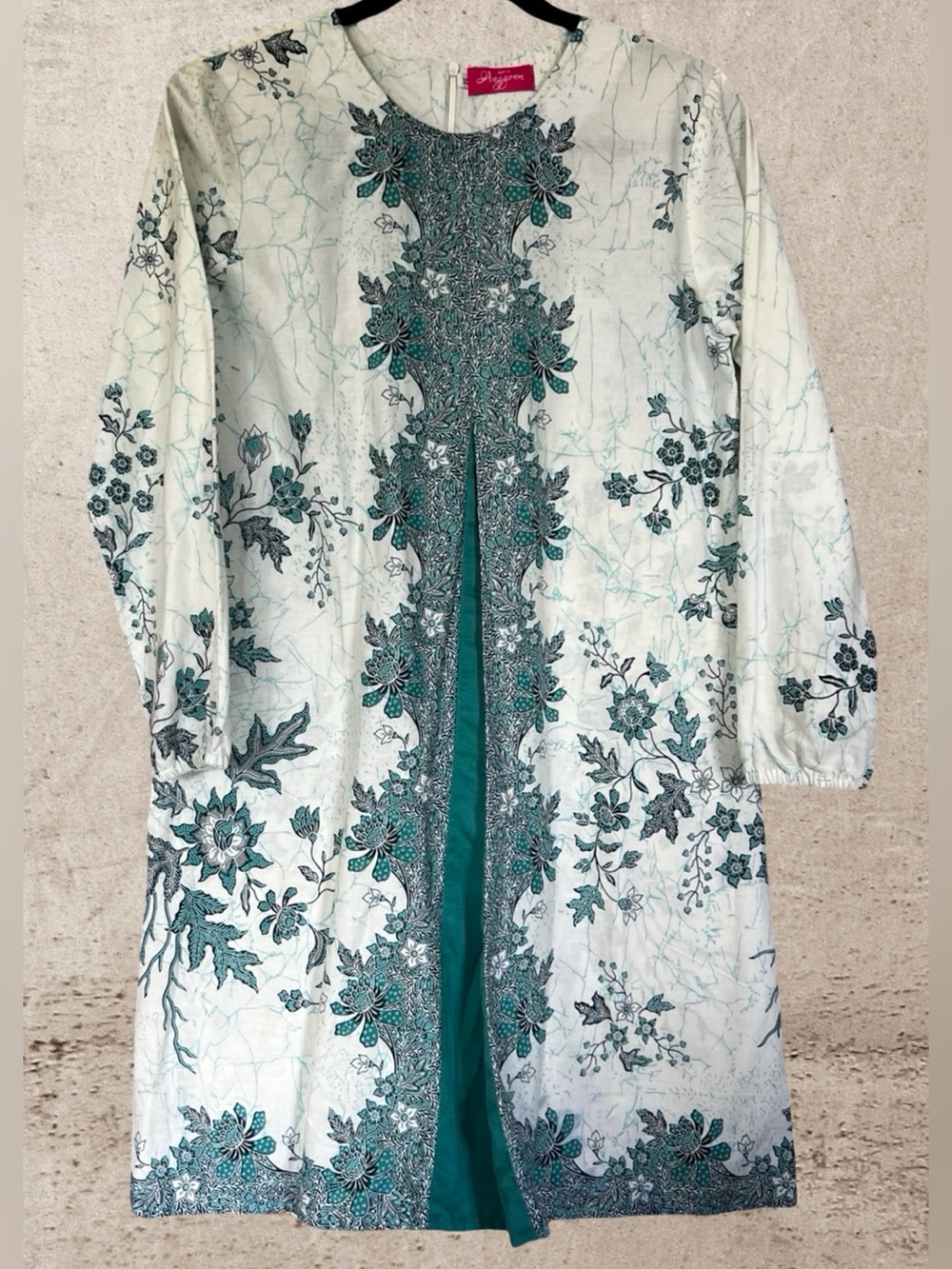 Anggoen Indonesian Batik Tunic Blouse Teal White Floral Long Sleeve Size Medium